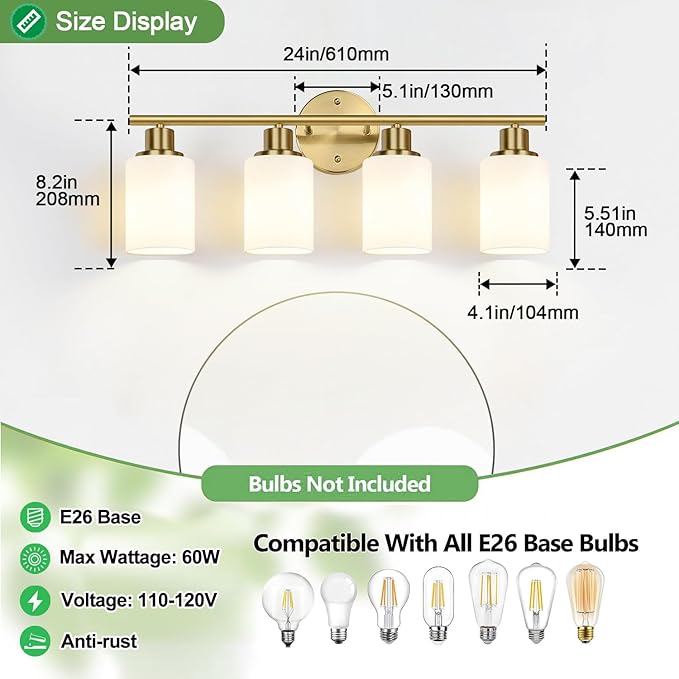 4-Light Bathroom Light Fixtures, Brushed Gold Modern Vanity Lights with Milky White Frosted Glass Shades, Bathroom Wall Lamp for Mirror Kitchen Living Room