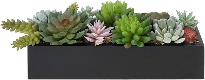 MyGift 12 Inch Modern Artificial Succulent Plants Arrangement Centerpiece in Black Rectangular Wood Planter Box