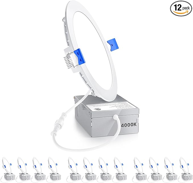 Ensenior 12 Pack 6 Inch LED Recessed Ceiling Light, Dimmable, 4000K Cool White, 1050LM 12W 120V, High Brightness Canless Wafer Downlight - ETL&FCC&IC