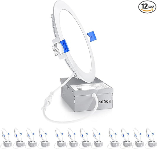 Ensenior 12 Pack 6 Inch LED Recessed Ceiling Light, Dimmable, 4000K Cool White, 1050LM 12W 120V, High Brightness Canless Wafer Downlight - ETL&FCC&IC