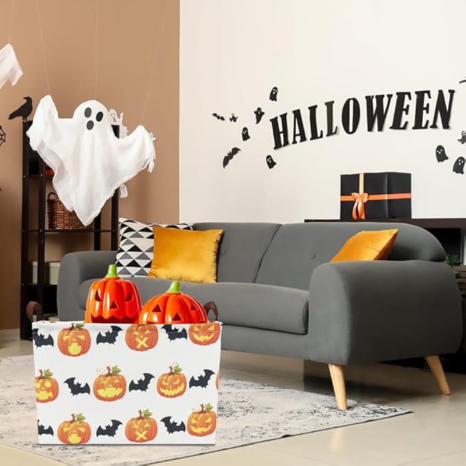 CLOCOR Rectangular Storage Basket,Collapsible Fabric Storage Container,Waterproof Toy Bin with Handles,Gift Basket(Pumpkin Halloween)