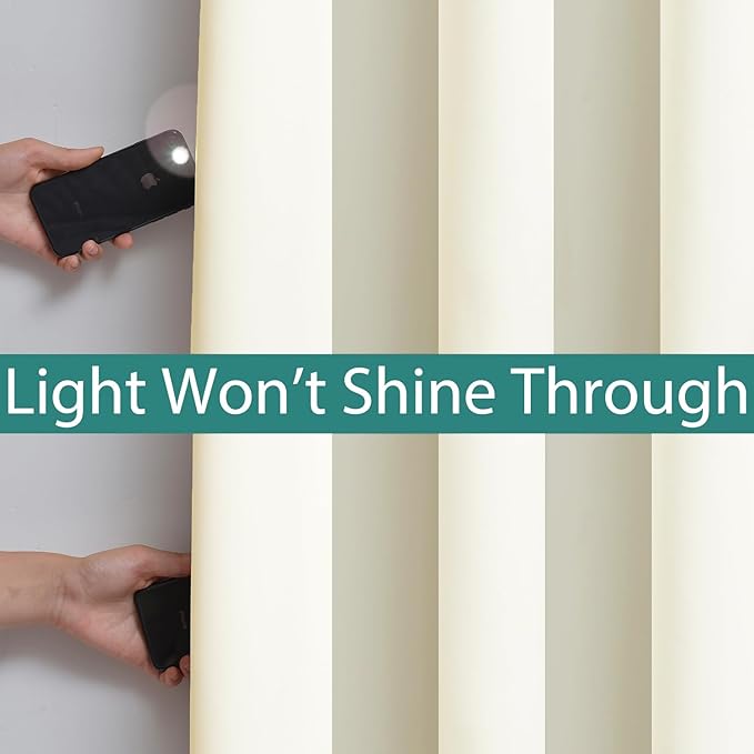 Yakamok 100% Cream Blackout Curtains for Bedroom, Light Blocking Thermal Insulated Noise Reducing Blackout Drapes for Living Room(52Wx90L, 2 Panels)