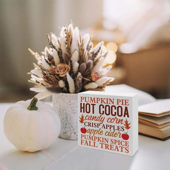 Fall Decor Sign, Autumn Artwork for Tabletop Decors, Farmhouse Autumn Home Decor, Thanksgiving Decoration, Table Shelf Decoration, Pumpkin Pie Hot Cocoa Candy Corn Crisp Apples Wood Signs A10