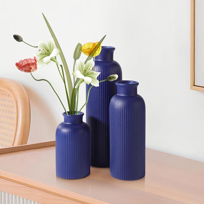 Small Navy Blue Ceramic Vase Set of 3, Boho Modern Navy Blue Flower Vase Room Decor, Farmhouse Decor, Vases for Your Kitchen, Bathroom, Bedroom, Living Room, Office&Shelf Centerpiece Table Decorations