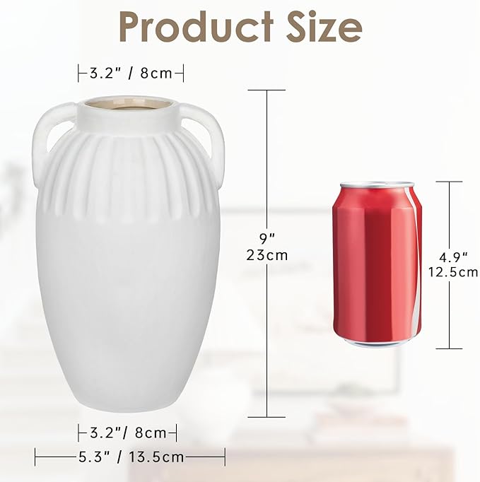 Ceramic Rustic Farmhouse Vase, 9 inch Pottery White Flower Vase with 2 Handles for Centerpieces Pampas Grass Boho Modern Rustic Farmhouse Decor for Living Room Kitchen Countertop Dinner Table Shelves