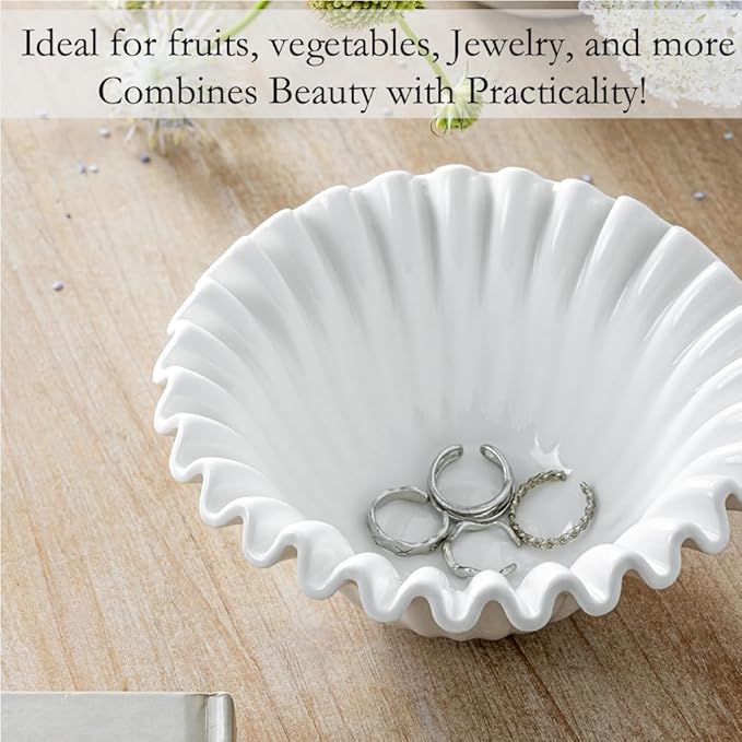 Large Decorative Bowl, 10 inches Porcelain Fruit Bowl for Kitchen Counter HandCrafted Ruffle Bowl for Home Decor Stylish Flower Dish for Party, White