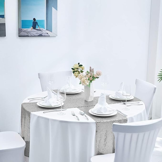 6 Packs 12 x 108 inches Silver Sequin Table Runner, Glitter Silver Table Runner for Wedding Birthday Bachelorette Holiday Party Supplies Decorations Bridal Shower Baby Shower