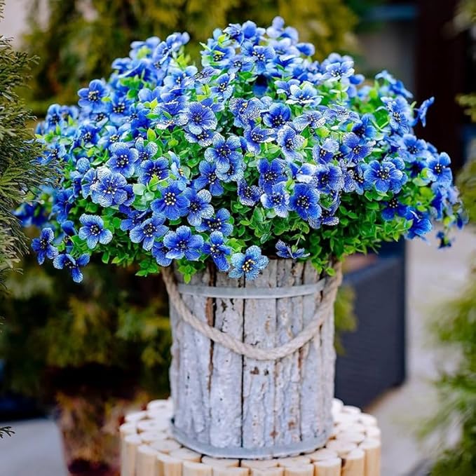 Artificial Faux Plants Flowers Outdoor Spring Summer Decoration, 16 Bundles Artificial Flowers Outdoor UV Resistant Fake Plastic Flowers Faux Plants for Planter Porch Patio Decor (16, Blue)