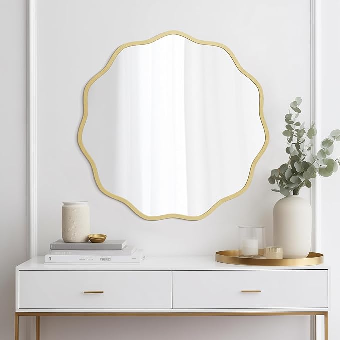 WallBeyond Round Wavy Mirror for Wall Decorative 24 inch, Modern Round Mirror Aluminum Frame for Bathroom Bedroom Living Room Home House Office Entryway, Gold