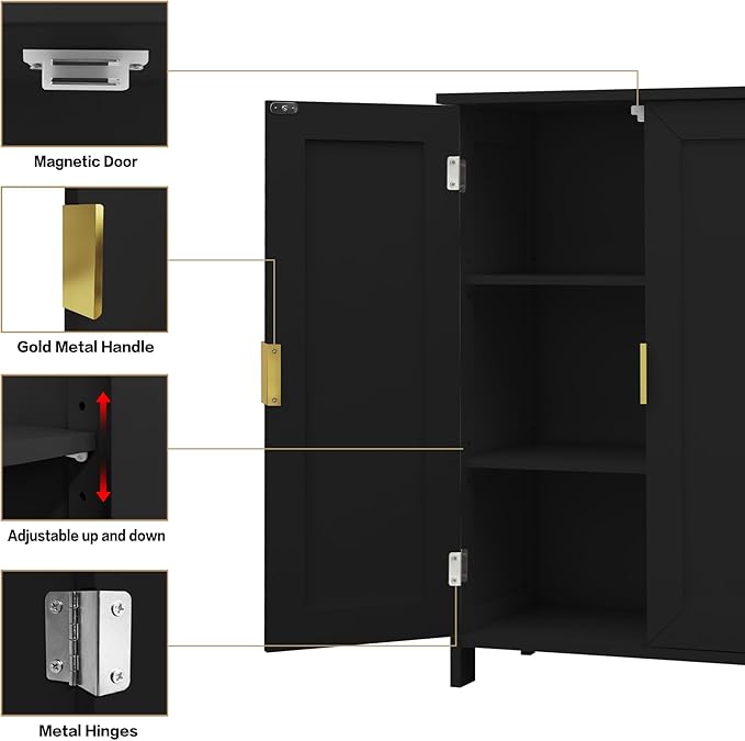 TaoHFE Black Freestanding Bathroom Cabinet with 2 Doors - Towel & Small Storage for Bathroom, Restroom, Office, Restaurant, Living Room