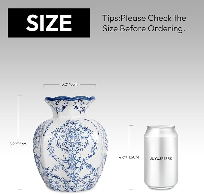 Chinoiserie Vase,Blue and White Vase,Vintage Ceramic Vases,Flower Vase for Centerpiece,Chinese Cute Vases for Living Room, Office,Home Decor (Blue White, Small)