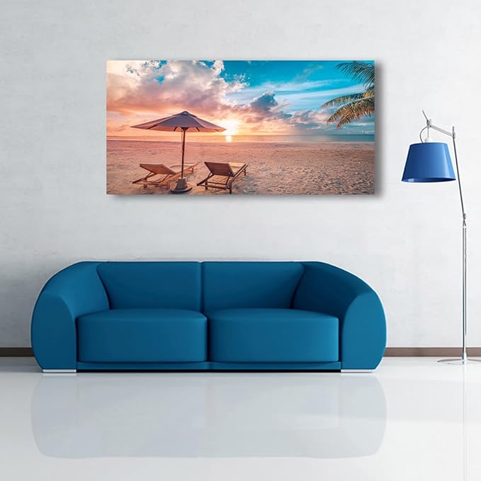 Beach Pictures Canvas Wall Art for Living room Bedroom Wall Decor,Sunset and Beautiful Clouds Wall Art Print Paitnings for home Decor,Morden Artwork Sunumbrellas and loungers Canvas Art
