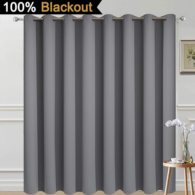 Yakamok 100% Blackout Thermal Insulated Grommet Curtains, Noise Reducing Barrier Panel for Sliding Glass Door, 2 Thick Layers Heat Full Light Blocking Patio Door Drapery, Grey, W100 x L84, 1 Panel
