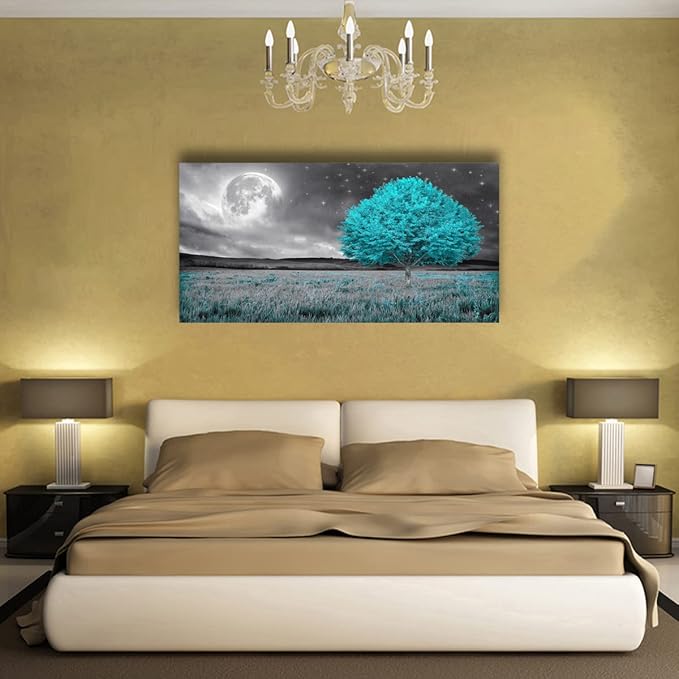 Tree of Life Wall Art Canvas Prints Natural Landscape Picture Home Decor Full Moon and Blue Tree Paintings for Living Room Bedroom Bathroom Kitchen Office Decorations 24x48 Wooden Frames Artwork