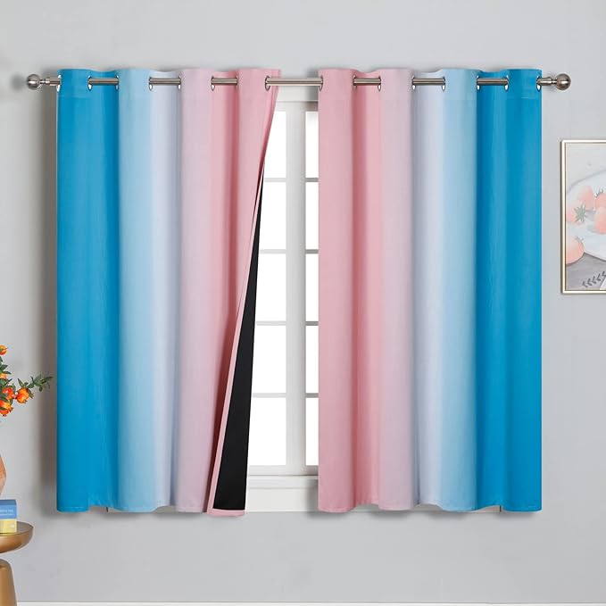 Ombre Pink and Blue Blackout Curtains 54 Inches Long, Full Light Blocking Curtains for Bedroom, Wavy Line Pattern Grommet Thermal Insulated Gradient Drapes for Living Room,52x54 Inch, 2 Panels