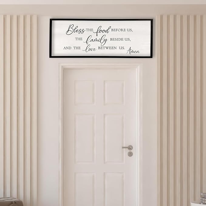 Surfapans Bless the Food Before Us Wall Decor, 32"X12" Farmhouse Dining Room Family Kitchen Sign, Christian Bible Verse Scripture Vintage Home Framed Wood Wall Art (Black)