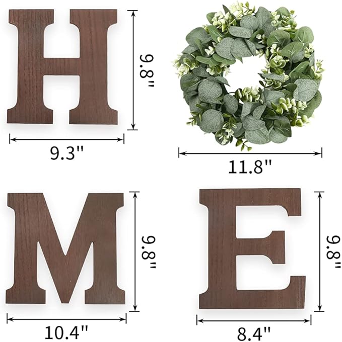 Wooden Home Sign Wall Hanging Decor - Wood Home Letters for Wall Art with Artificial Eucalyptus Wreath Rustic Home Decor Farmhouse, Wall Decor for Living Room Kitchen Housewarming Gift (Brown)
