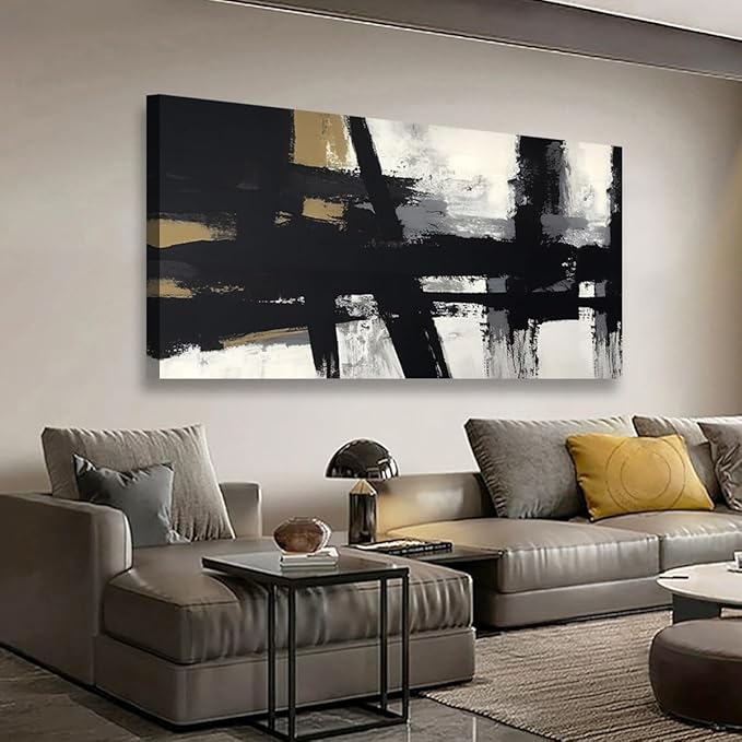 Black and White Abstract Pictures Canvas Wall Art for Living room Office Bedroom Wall Decor,Abstract Wall Art Print Paintings Modern Black Yellow Artwork Waterproof Ready to Hang-24X48 inch