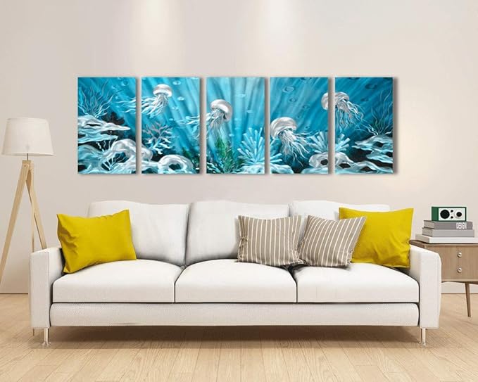 Yihui Arts Blue Deep Sea Metal Wall Art, Large Jellyfish Metal Artwork in Modern Ocean Design, 3D Wall Art for Modern and Contemporary Decor, 5-Panels, Metal Wall Decor