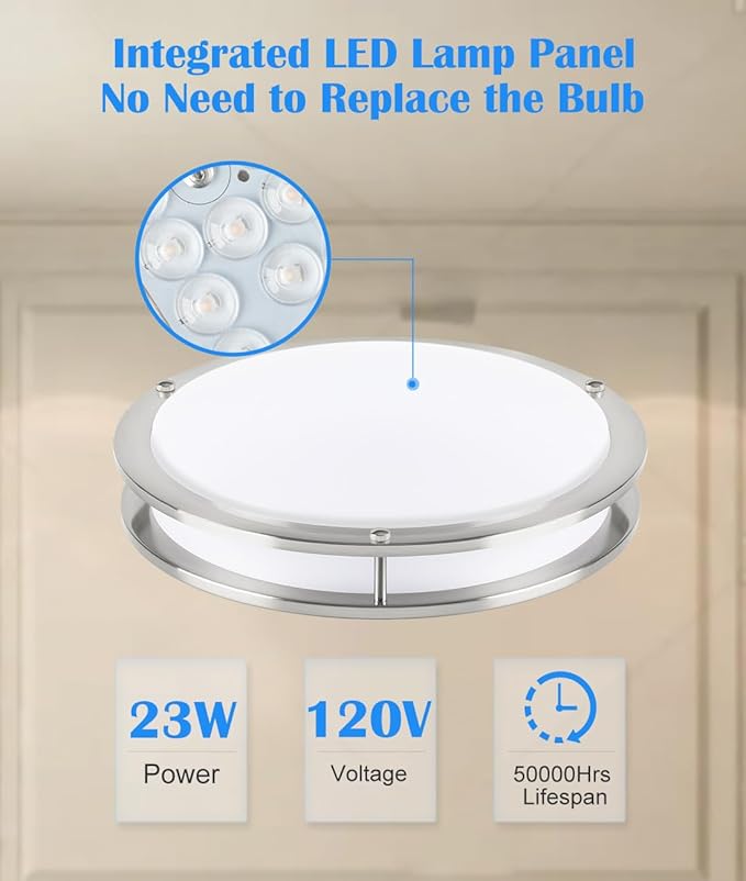 16” Brushed Nickel Flush Mount Ceiling Light Fixture - 16 Inch Brushed Nickel LED Ceiling Light 3000K/4000K/5000K Color Changing Modern Bathroom Fixture for Bedroom,25W