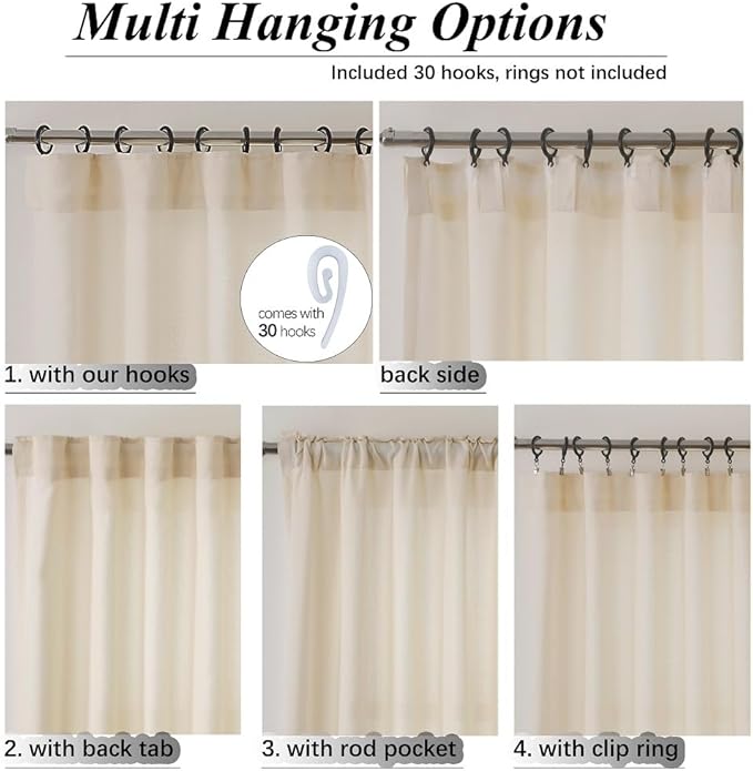 90 Inch Curtains Cream Thick Linen Semi Sheer Curtain Light Filtering Drapes Long 2 Panels Set Rod Pocket & Back Tab & Hooks Belt Window Treatments for Track System Boho Beige