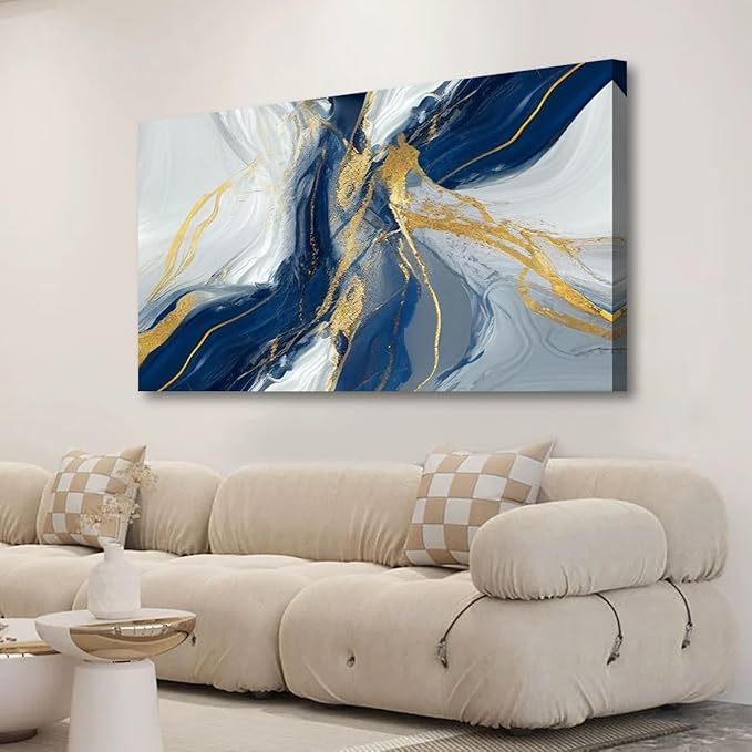 Golden Blue Wall Art Print Oil Paintings Abstract Canvas Wall Art for Living room Office Bedroom Modern Flow of White Golden Blue Pictures Wall Decor Artwork Waterproof Ready to Hang - 20in * 40inch