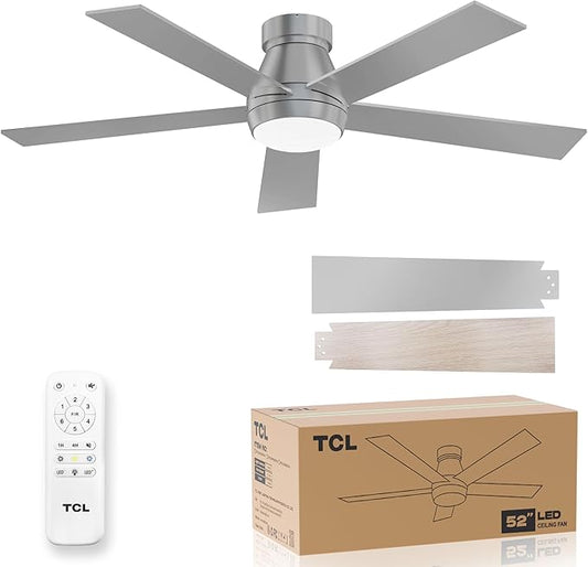 TCL 52" Silver Ceiling Fan with Light and Remote, Modern LED 3-Color, Quiet Motor for Bedroom, Living Room, Dining Room, Ceiling Fans with Lights (Silver)