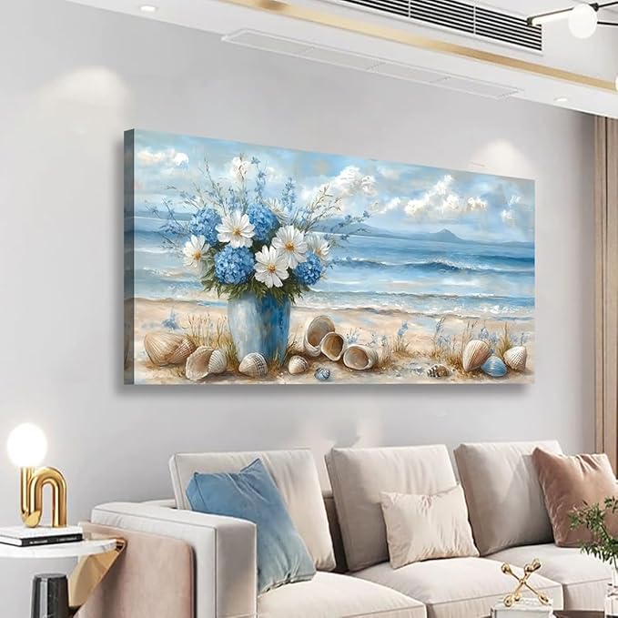 Ocean Waves Vase of Flowers Pictures Canvas Wall Art for Living room Office Bedroom Wall Decor Beach Sea Shell Wall Art Print Paintings Modern Abstract Scenery Artwork Ready to Hang-20x40inch