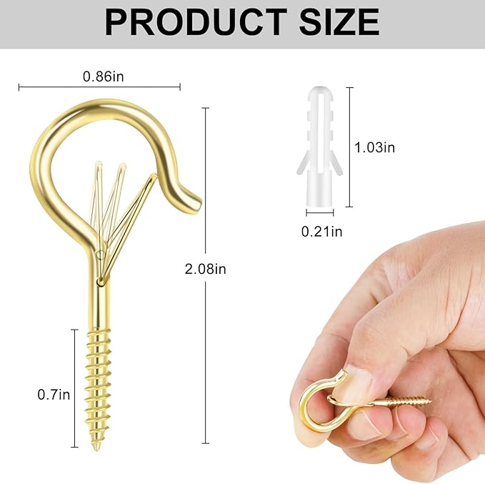 12 PCS Q-Hanger Hooks, Screw Hooks for Outdoor String Lights, Safety Buckle Design Cup Eye Hook for Hanging Christmas Lights, Plants, Wind Chimes, Mounted on Wall Ceiling, Windproof, Gold