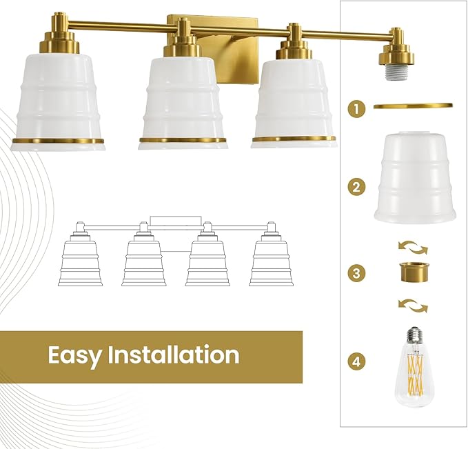 Gold Bathroom Vanity Light Fixture, 4 Light Bathroom Light Fixtures Over Mirror with Milky White Glass and Metal Base Wall Sconce, 29.1 inch Modern Vanity Light for Bathroom(Exclude E26 Bulb)