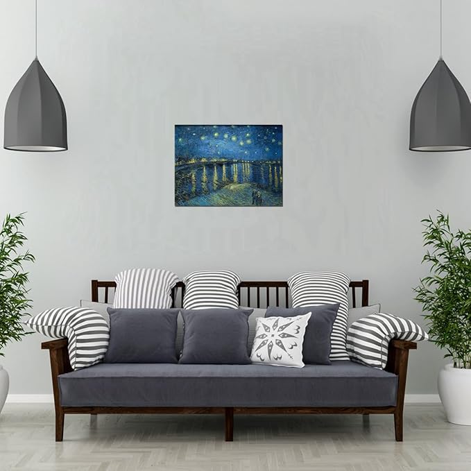 QBQT Starry Night Over the Rhone by Van Gogh Landscape Canvas Wall Art Bathroom Decor Famous Painting Print Blue Artwork for Living Room Home Office Decor Frame 12x16inch