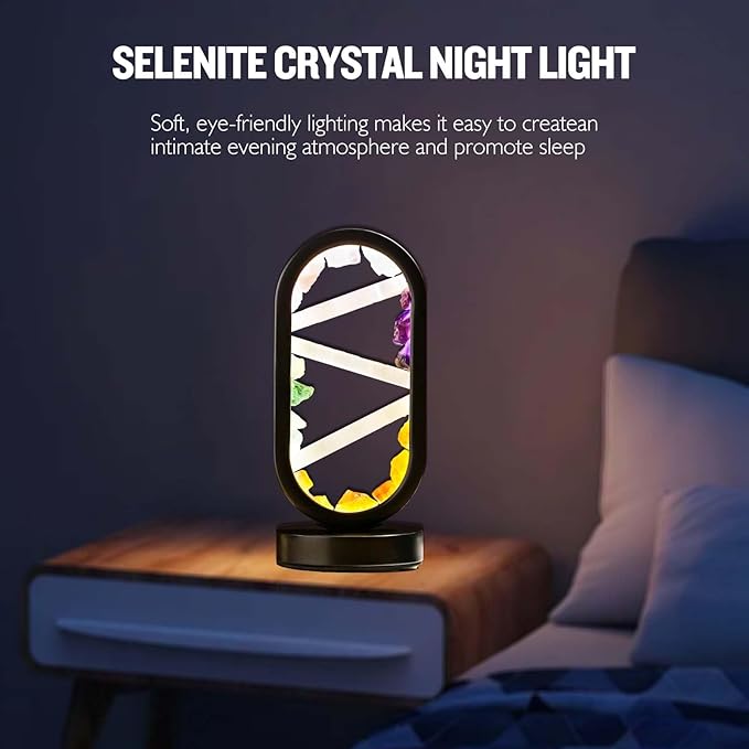 Runyangshi Crystal Table Lamp Night Light Natural Selenite & Colour Crystal Raw Stone Bedside Lamp with 3 Adjustable Light Colours Suitable for Home Decoration, Bedroom Office Desk Lighting