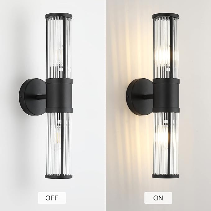 Bathroom Light Fixtures 2-Light Matte Black Bathroom Vanity Light Modern Wall Lights for Bedroom Bath Mirror Lights with Glass Rods Shades for Mirror Bedroom Hallway