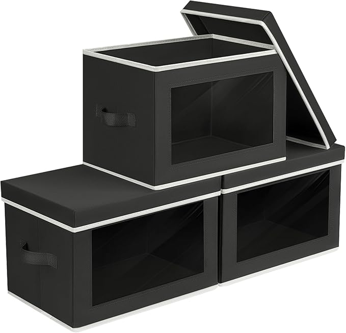 Storage Boxes with Lids - 3 Pack Fabric Clear Window Storage Bins, Collapsible Storage Bins with Lids, Linen Closet Organizer for Clothes, Towel, Blanket, Black