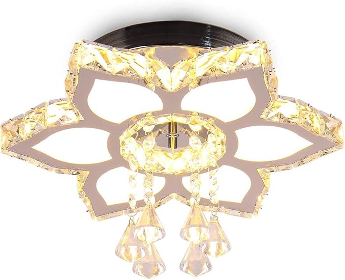 FRIXCHUR Chandelier LED Crystal Ceiling Light 13.4" Flower Shape Chandeliers Flush Mount Ceiling Light Modern Chandelier Lighting for Hallway Bedroom Dining Room Kitchen (Warm White)