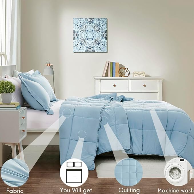 HIG Pre Washed Down Alternative Comforter Set Queen - Reversible Chic Quilt Design - Box Stitched with 4 Corner Tabs - Lightweight for All Season - Blue Duvet Comforter with 2 Pillow Shams