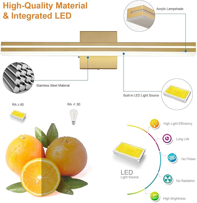 SineRise LED Modern Bathroom Vanity Light Fixtures (24-Inch, 3000K/4000K/6000K, Dimmable), Gold Modern Acrylic Bathroom Wall Lighting Fixtures Over Mirror