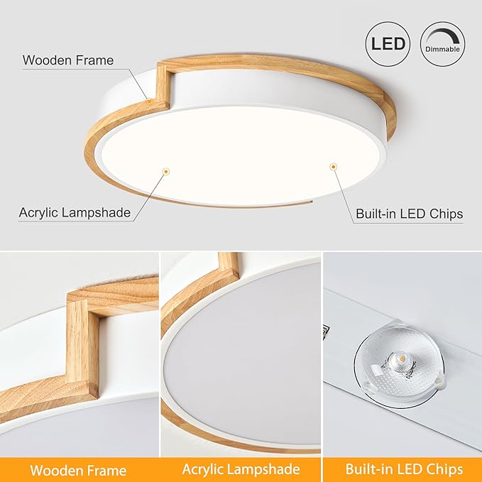 Dimmable LED Wood Flush Mount Ceiling Lights,Modern White 5CCT 2700K-6000K Lighting Fixtures,Round Ceiling Lamp for Kitchen Living Room Dining Room Bathroom Bedroom Entryway 15.8in