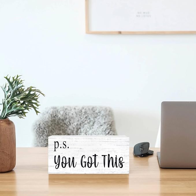 Esur Motivational Home Office Desk Decor - Farmhouse Wooden Box Sign Gift for Women - P.S. You Got This(White)