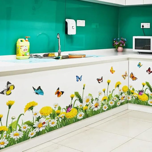 SICKER UNIVERSE 10x55 Inch Set - SunFlower Daisies Butterflies themed Floral Wall Decals for Decor, Self Adhesive Vinyl for Home Decor for Nursery, Home-Gift for Christmas, Birthday (Floral Design #4)