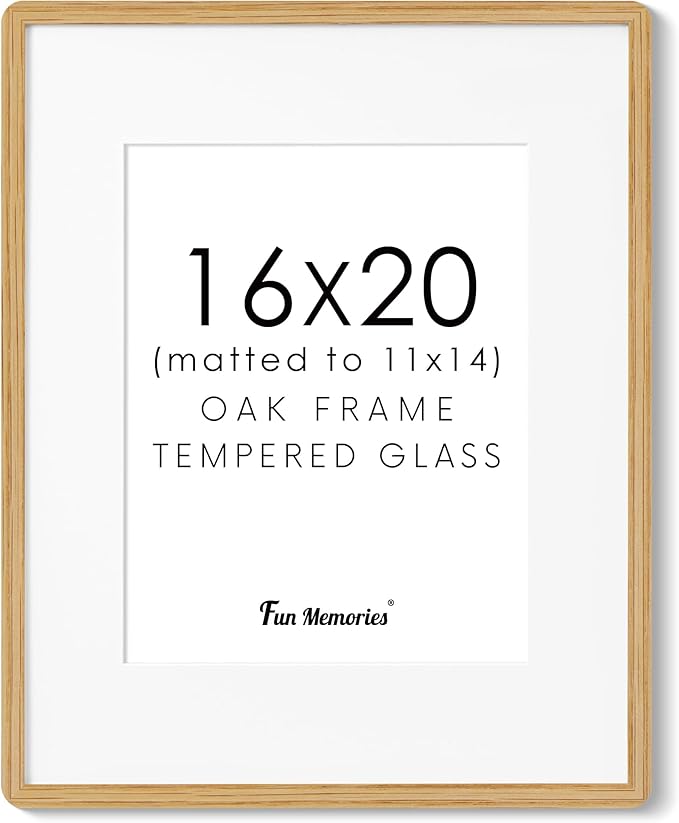 16x20 Picture Frame for Wall, Solid Oak Wood 16 by 20 Frames, 16 x 20 Poster Frame with Tempered Glass, 16x20 Frame Matted to 11x14, 16"x20" Wood Frame for Home Decor, Natural Oak Color, 1 Pack