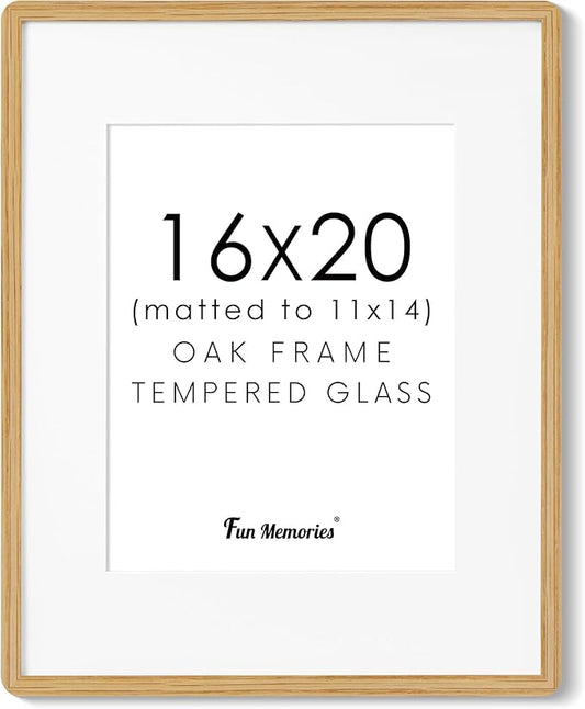 16x20 Picture Frame for Wall, Solid Oak Wood 16 by 20 Frames, 16 x 20 Poster Frame with Tempered Glass, 16x20 Frame Matted to 11x14, 16"x20" Wood Frame for Home Decor, Natural Oak Color, 1 Pack