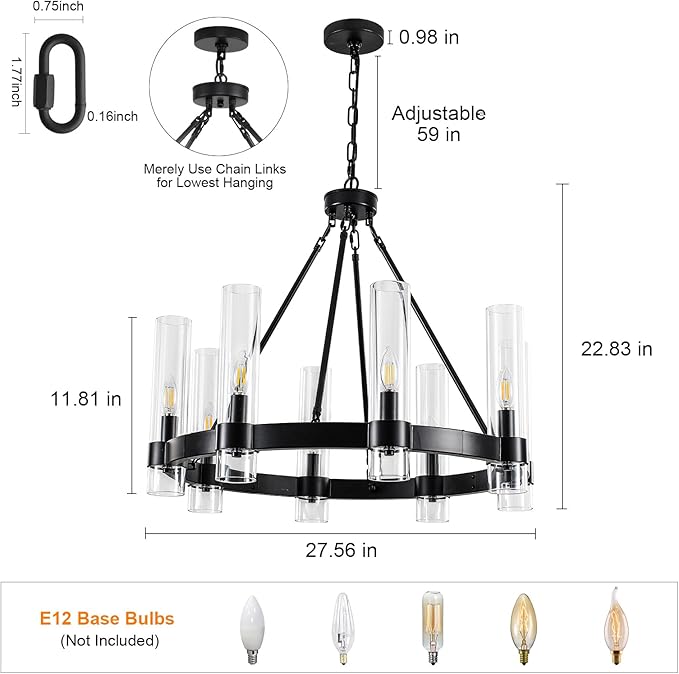 Black Wagon Wheel Chandeliers with Glass Shade, 8-Lights Farmhouse Chandeliers for High Ceiling, 28 Inch Round Black Pendant Light Fixtures for Dining Room, Living Room, Bedroom, Foyer