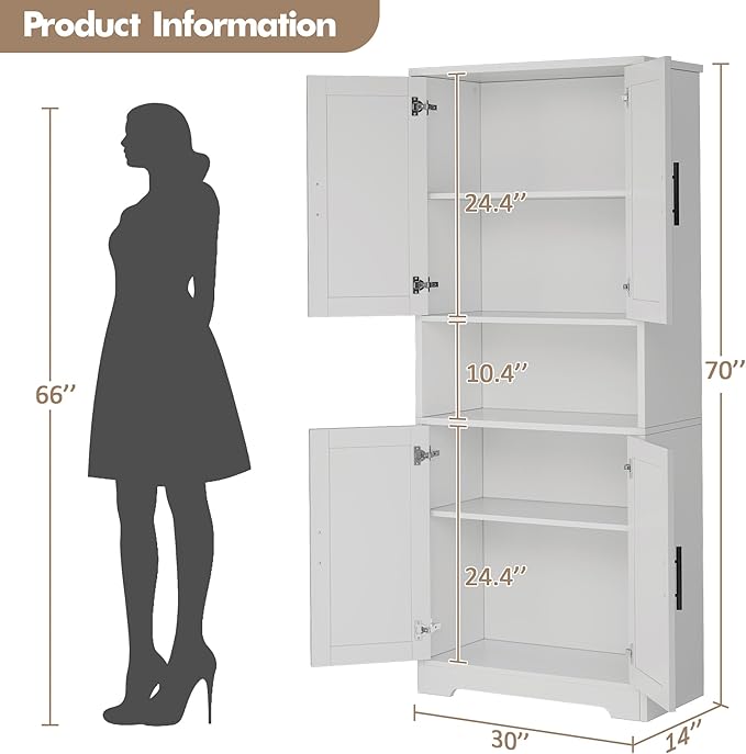 GarveeHome 70 Inch Tall Kitchen Pantry Cabinet, Freestanding Storage Cabinet with 4 Doors and Adjustable Shelves, Utility Hutch Cupboard for Dining Room, Bathroom, Living Room (Style B, White)