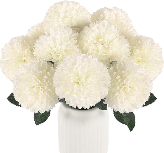 Hananona 24 Pcs Artificial Chrysanthemums Flowers Ball White Flower Bulk, Fake Mums Flowers Silk Plants for Home Decor Indoor Floral Arrangement Table Centerpiece (24, White)
