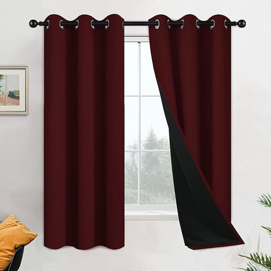 Yakamok 63 Inch Length 100% Blackout Curtains for Bedroom, 2 Thick Layers Thermal Insulated Grommet Total Blackout Drapes with Black Liner for Living Room (42Wx63L,Burgundy Red, 2 Panels)