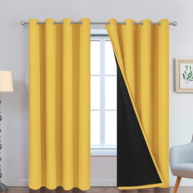 Yakamok 100% Blackout Curtains Energy Saving Thermal Insulated 2 Thick Layers Completely Blackout Drapes with Black Liner for Bedroom (52Wx84L,Mustard Yellow, Set of 2)