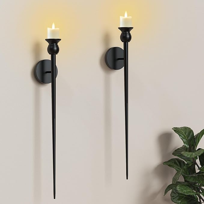 Candle Wall Sconce, 31.5inch Candle Sconces Wall Decor Set of 2, Long Candle Holder with Battery Operated Candles Retro Chic Candle Holder Decoration for Home Decor (Black)