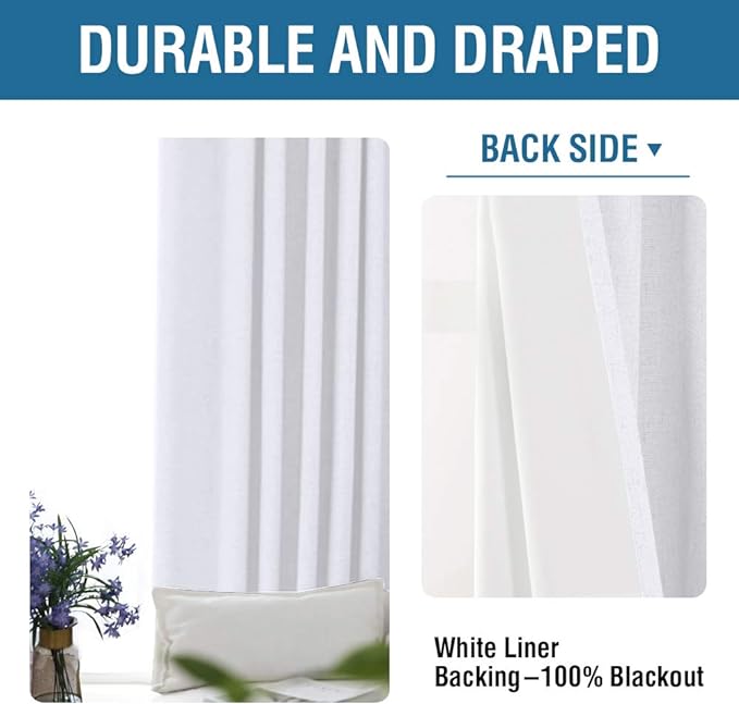 H.VERSAILTEX 100% Blackout Curtains for Bedroom 96 Inches Long Grommet Linen Face Full Light Blocking Curtain Drapes for Living Room Thermal Insulated Linen Look Curtains 2 Panels Set, Bright White