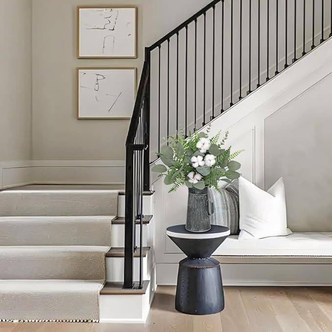 Hollyone Artificial Eucalyptus Plant in Rustic Metal Vase 18" Fake Plants Eucalyptus Leaves with Cotton Stems Faux Greenery Arrangement Potted for Farmhouse Kitchen Office Shelf Home Indoor Decor